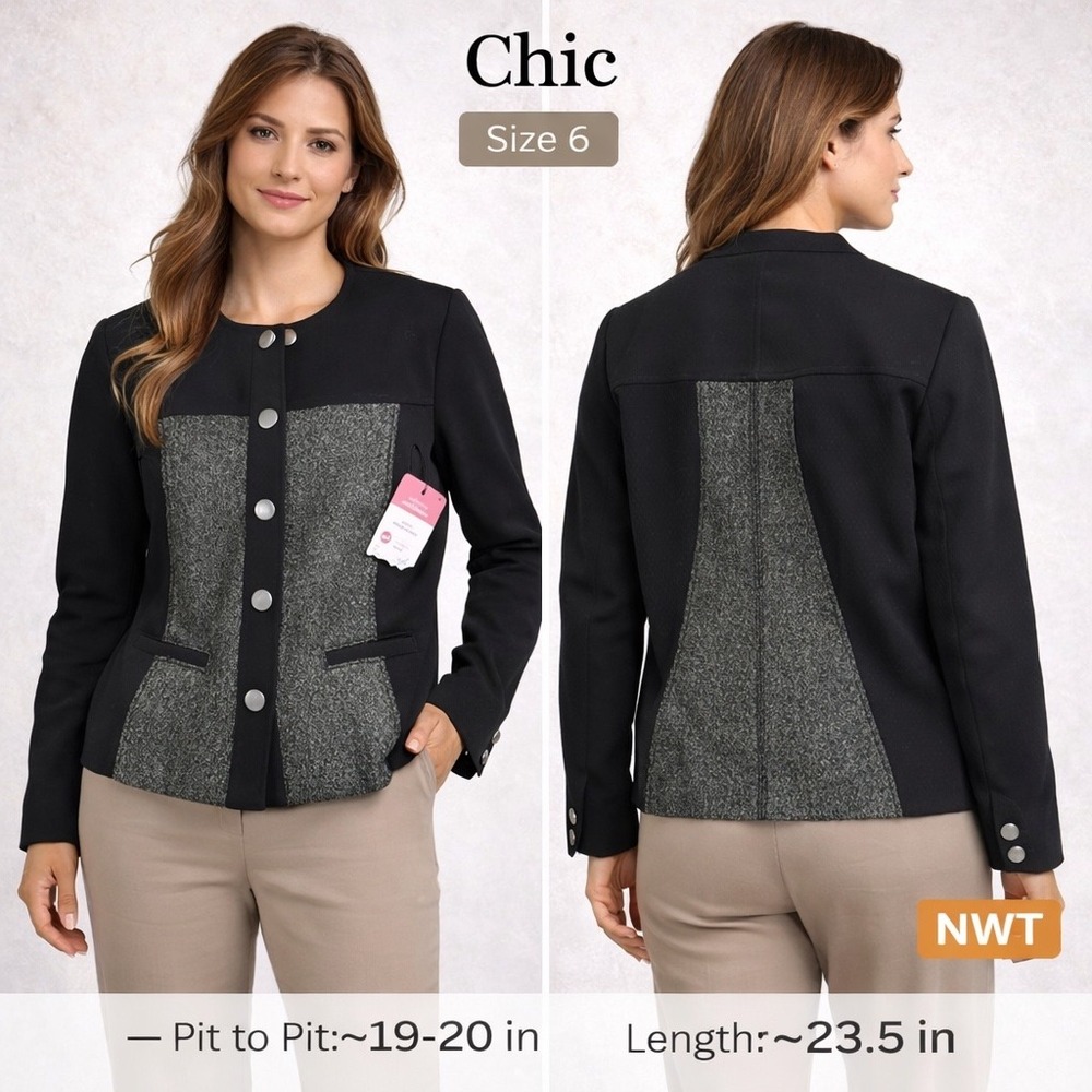 Chic‎ Women Size 6 Black Grey Colorblock Tweed Panel Snap Button Jacket NWT